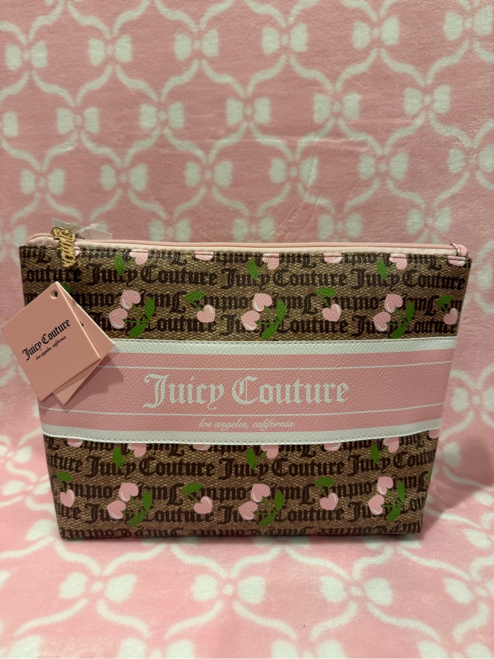 Juicy Couture Pink Brown Logo Cherry-Print Cosmetic Pouch